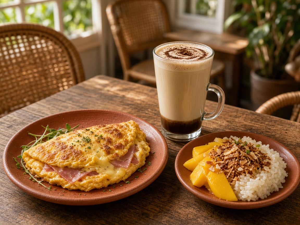 Omelette, latte, and mango sticky rice