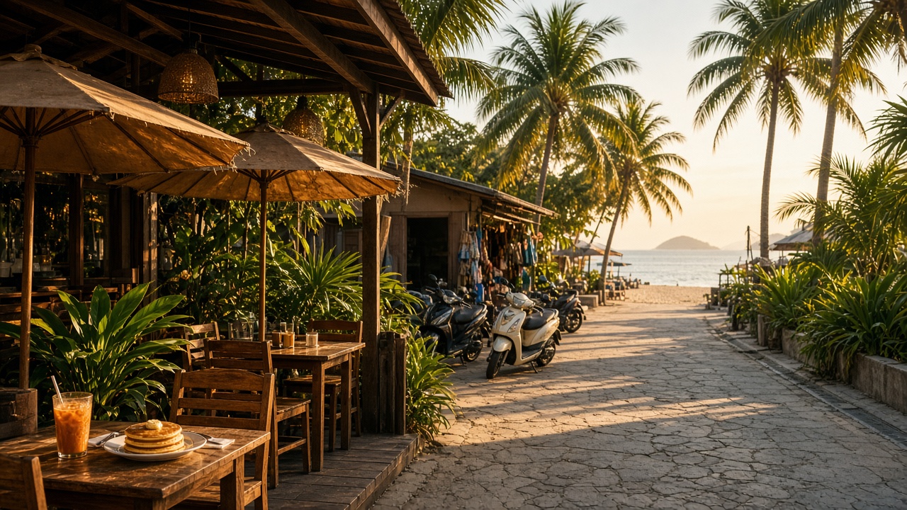 Morning terrace on Karon Beach with cafe tables and scooters