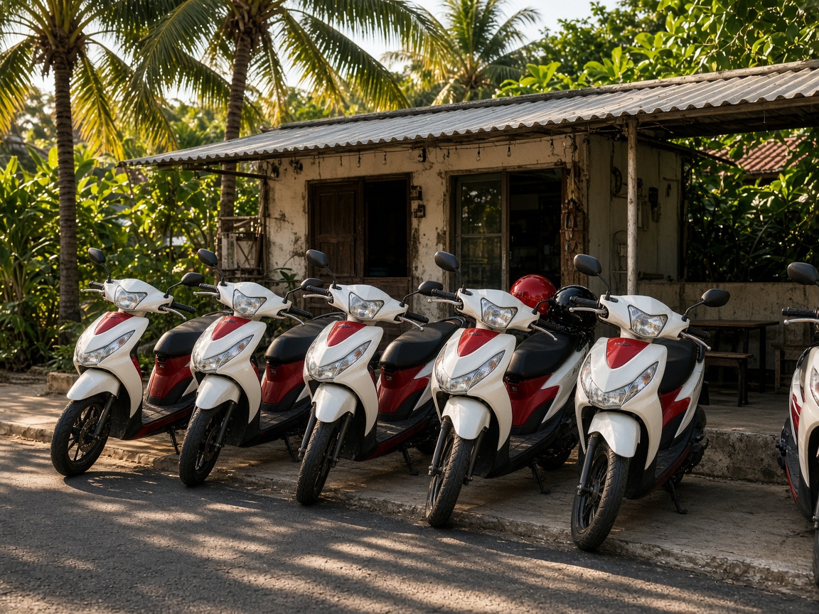 Scooters parked outside a Karon rental shop
